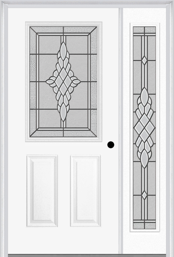 MMI 1/2 Lite 2 Panel 6'8" Fiberglass Smooth Grace Nickel Or Grace Patina Exterior Prehung Door With 1 Full Lite Grace Nickel/Patina Decorative Glass Sidelight 684