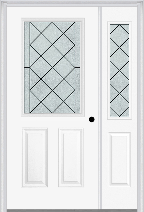MMI 1/2 Lite 2 Panel 6'8" Fiberglass Smooth Harris Patina Exterior Prehung Door With 1 Half Lite Harris Patina Decorative Glass Sidelight 684