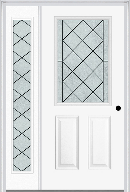 MMI 1/2 Lite 2 Panel 6'8" Fiberglass Smooth Harris Patina Exterior Prehung Door With 1 Full Lite Harris Patina Decorative Glass Sidelight 684