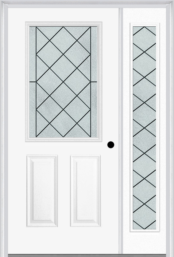 MMI 1/2 Lite 2 Panel 6'8" Fiberglass Smooth Harris Patina Exterior Prehung Door With 1 Full Lite Harris Patina Decorative Glass Sidelight 684