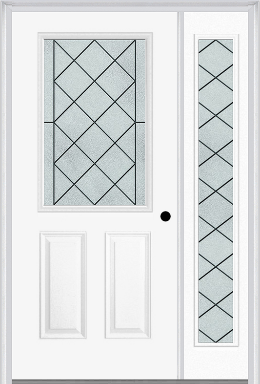 MMI 1/2 Lite 2 Panel 6'8" Fiberglass Smooth Harris Patina Exterior Prehung Door With 1 Full Lite Harris Patina Decorative Glass Sidelight 684