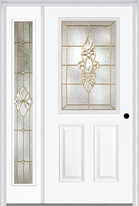 MMI 1/2 Lite 2 Panel 6'8" Fiberglass Smooth Heirlooms Brass Or Heirlooms Satin Nickel Exterior Prehung Door With 1 Full Lite Heirlooms Brass/Satin Nickel Decorative Glass Sidelight 684