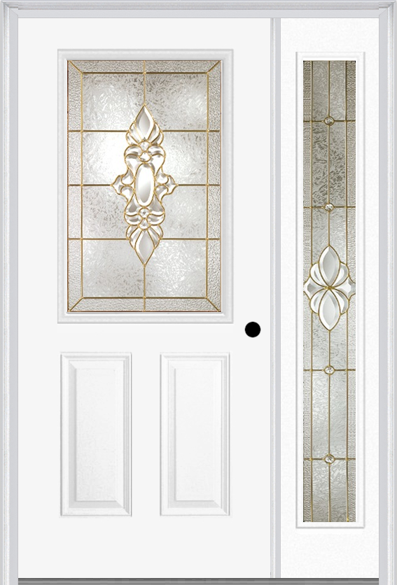 MMI 1/2 Lite 2 Panel 6'8" Fiberglass Smooth Heirlooms Brass Or Heirlooms Satin Nickel Exterior Prehung Door With 1 Full Lite Heirlooms Brass/Satin Nickel Decorative Glass Sidelight 684