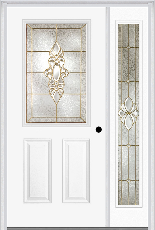 MMI 1/2 Lite 2 Panel 6'8" Fiberglass Smooth Heirlooms Brass Or Heirlooms Satin Nickel Exterior Prehung Door With 1 Full Lite Heirlooms Brass/Satin Nickel Decorative Glass Sidelight 684