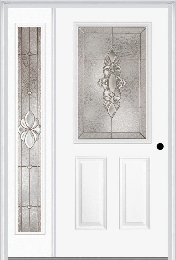 MMI 1/2 Lite 2 Panel 6'8" Fiberglass Smooth Heirlooms Brass Or Heirlooms Satin Nickel Exterior Prehung Door With 1 Full Lite Heirlooms Brass/Satin Nickel Decorative Glass Sidelight 684
