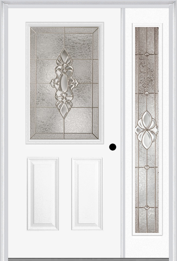 MMI 1/2 Lite 2 Panel 6'8" Fiberglass Smooth Heirlooms Brass Or Heirlooms Satin Nickel Exterior Prehung Door With 1 Full Lite Heirlooms Brass/Satin Nickel Decorative Glass Sidelight 684