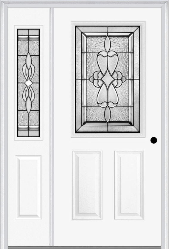 MMI 1/2 Lite 2 Panel 6'8" Fiberglass Smooth Jamestown Patina Exterior Prehung Door With 1 Half Lite Jamestown Patina Decorative Glass Sidelight 684