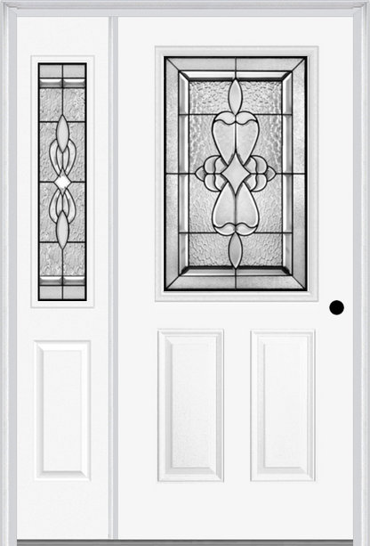 MMI 1/2 Lite 2 Panel 6'8" Fiberglass Smooth Jamestown Patina Exterior Prehung Door With 1 Half Lite Jamestown Patina Decorative Glass Sidelight 684