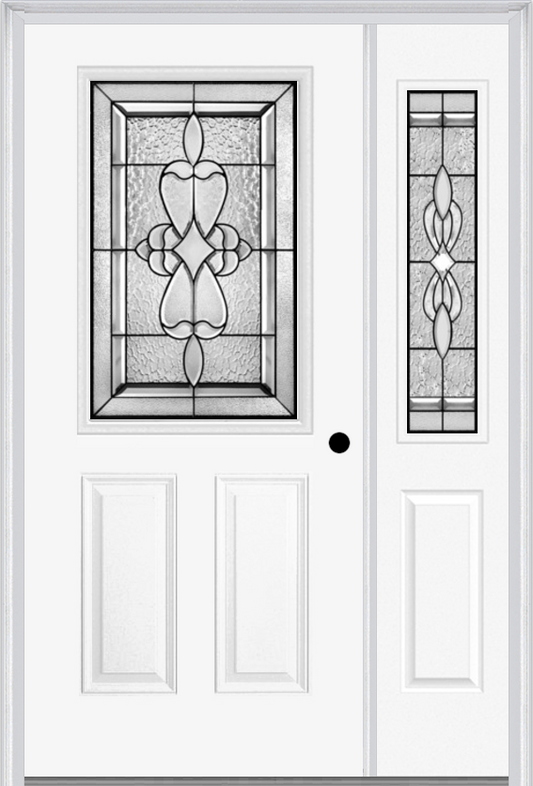 MMI 1/2 Lite 2 Panel 6'8" Fiberglass Smooth Jamestown Patina Exterior Prehung Door With 1 Half Lite Jamestown Patina Decorative Glass Sidelight 684