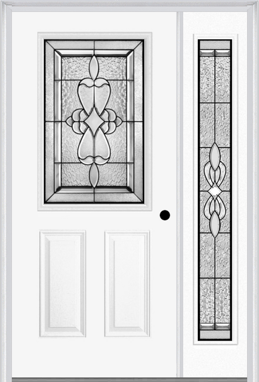 MMI 1/2 Lite 2 Panel 6'8" Fiberglass Smooth Jamestown Patina Exterior Prehung Door With 1 Full Lite Jamestown Patina Decorative Glass Sidelight 684