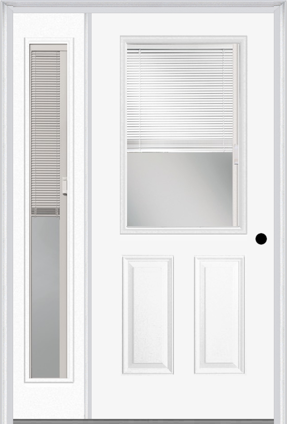 MMI 1/2 Lite 2 Panel Raise/Lower Blinds 3'0" X 6'8" Fiberglass Smooth Exterior Prehung Door With 1 Full Lite Glass Raise/Lower Blinds Sidelight 684 RLB 694 RLB