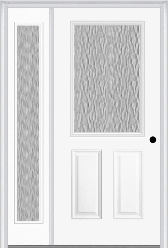 MMI 1/2 Lite 2 Panel 3'0" X 6'8" Textured/Privacy Fiberglass Smooth Exterior Prehung Door With 1 Full Lite Textured/Privacy Glass Sidelight 684