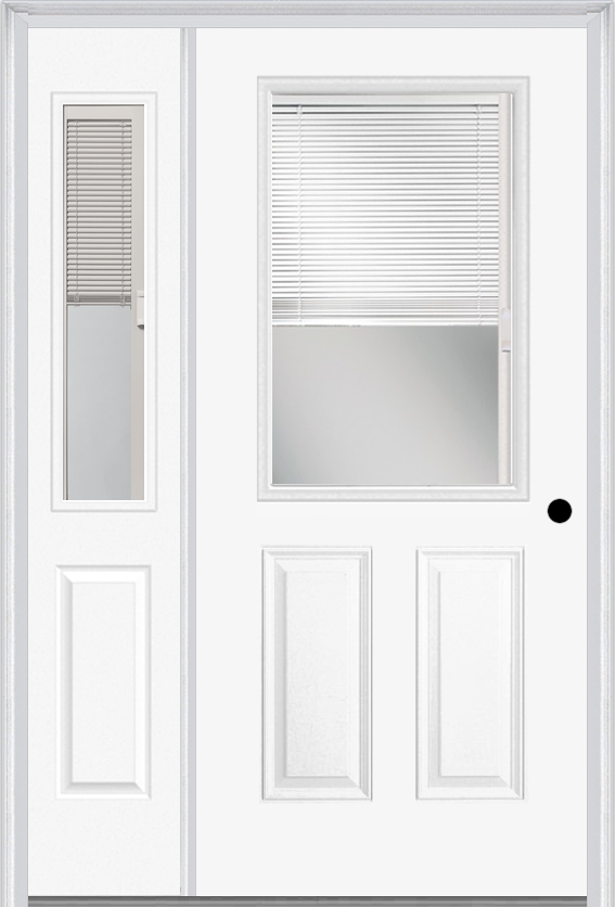 MMI 1/2 Lite 2 Panel Raise/Lower Blinds 3'0" X 6'8" Fiberglass Smooth Exterior Prehung Door With 1 Half Lite Glass Raise/Lower Blinds Sidelight 684 RLB 692 RLB
