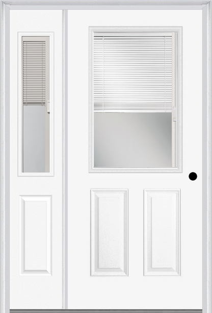 MMI 1/2 Lite 2 Panel Raise/Lower Blinds 3'0" X 6'8" Fiberglass Smooth Exterior Prehung Door With 1 Half Lite Glass Raise/Lower Blinds Sidelight 684 RLB 692 RLB