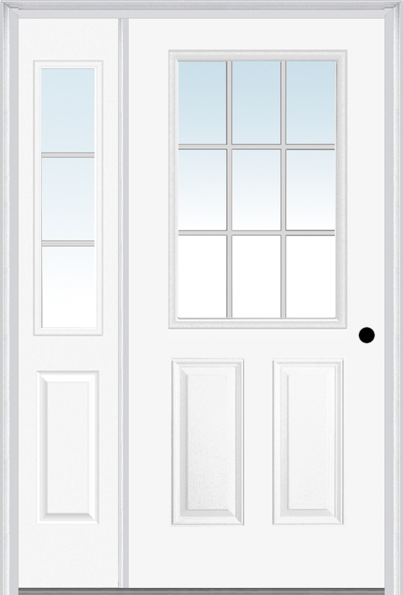 MMI 1/2 Lite 2 Panel External SDL Grilles 3'0" X 6'8" Fiberglass Smooth Exterior Prehung Door With 1 Half Lite Glass SDL Grilles Sidelight 55
