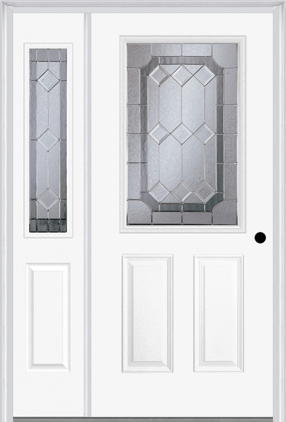 MMI 1/2 Lite 2 Panel 6'8" Fiberglass Smooth Majestic Nickel Exterior Prehung Door With 1 Half Lite Majestic Brass/Nickel Decorative Glass Sidelight 684
