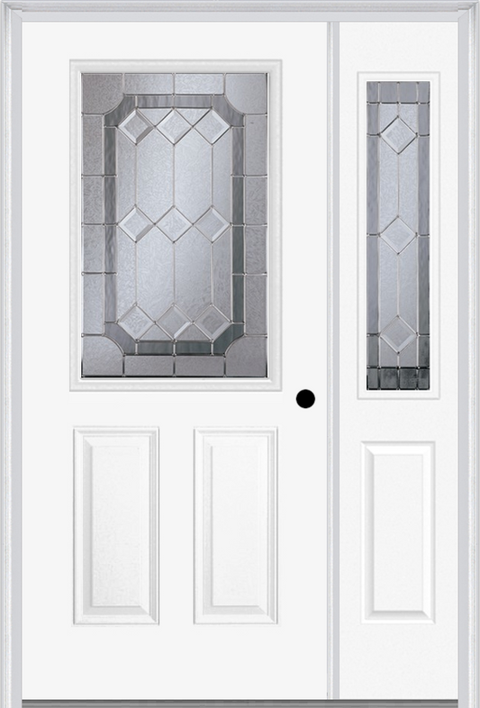 MMI 1/2 Lite 2 Panel 6'8" Fiberglass Smooth Majestic Nickel Exterior Prehung Door With 1 Half Lite Majestic Brass/Nickel Decorative Glass Sidelight 684