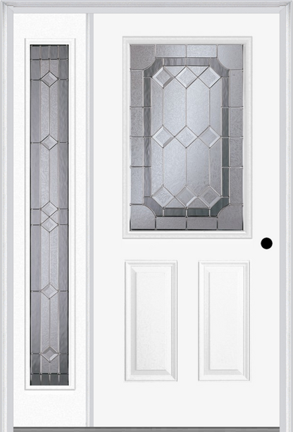 MMI 1/2 Lite 2 Panel 6'8" Fiberglass Smooth Majestic Nickel Exterior Prehung Door With 1 Full Lite Majestic Brass/Nickel Decorative Glass Sidelight 684