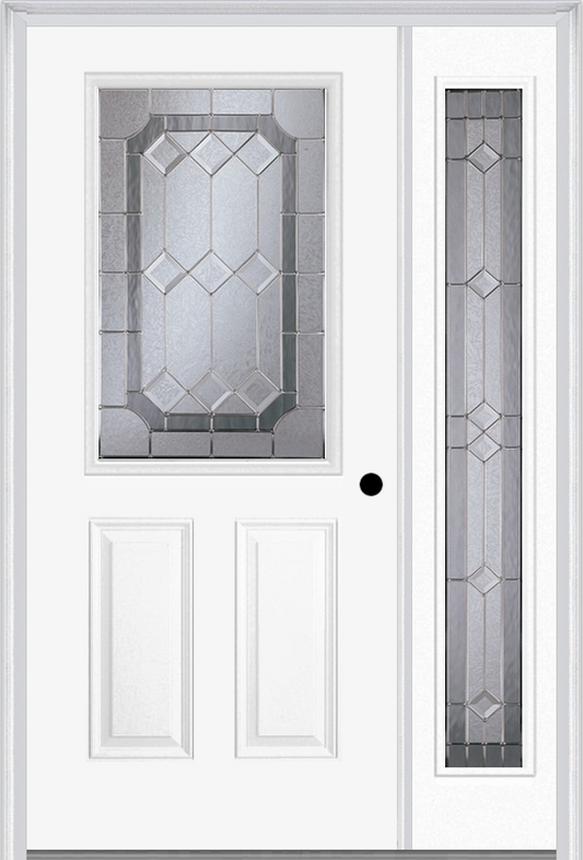 MMI 1/2 Lite 2 Panel 6'8" Fiberglass Smooth Majestic Nickel Exterior Prehung Door With 1 Full Lite Majestic Brass/Nickel Decorative Glass Sidelight 684