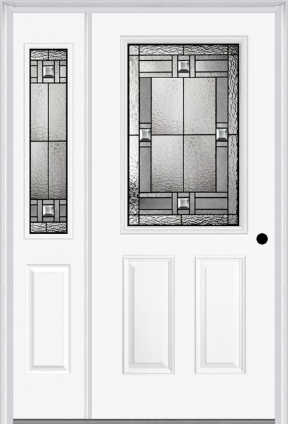 MMI 1/2 Lite 2 Panel 6'8" Fiberglass Smooth Noble Patina Exterior Prehung Door With 1 Half Lite Noble Patina Decorative Glass Sidelight 684