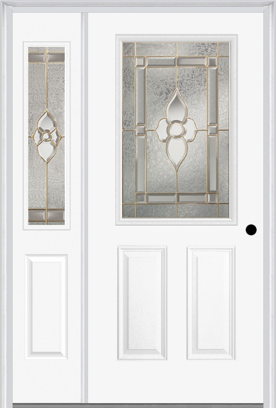 MMI 1/2 Lite 2 Panel 6'8" Fiberglass Smooth Nouveau Nickel Or Nouveau Patina Exterior Prehung Door With 1 Half Lite Nouveau Brass/Nickel/Patina Decorative Glass Sidelight 684