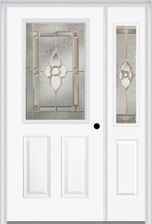 MMI 1/2 Lite 2 Panel 6'8" Fiberglass Smooth Nouveau Nickel Or Nouveau Patina Exterior Prehung Door With 1 Half Lite Nouveau Brass/Nickel/Patina Decorative Glass Sidelight 684