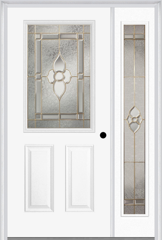 MMI 1/2 Lite 2 Panel 6'8" Fiberglass Smooth Nouveau Nickel Or Nouveau Patina Exterior Prehung Door With 1 Full Lite Nouveau Brass/Nickel/Patina Decorative Glass Sidelight 684