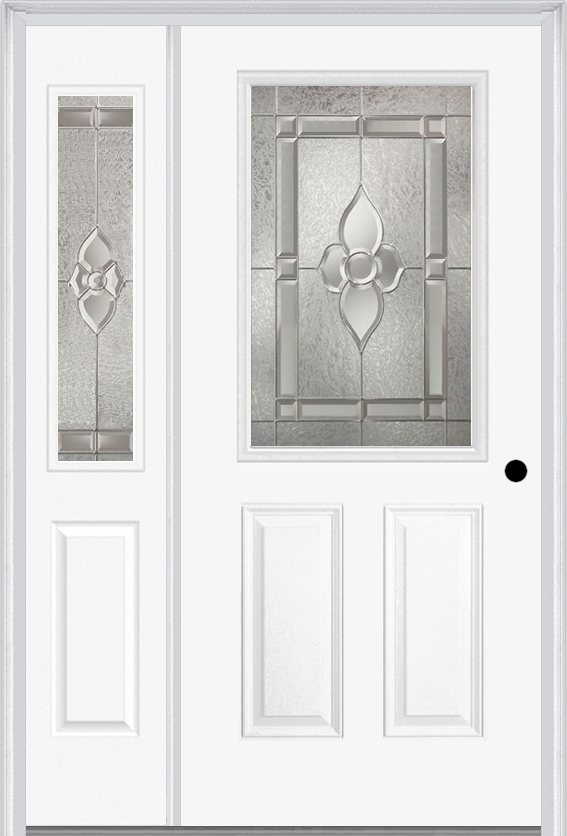 MMI 1/2 Lite 2 Panel 6'8" Fiberglass Smooth Nouveau Nickel Or Nouveau Patina Exterior Prehung Door With 1 Half Lite Nouveau Brass/Nickel/Patina Decorative Glass Sidelight 684
