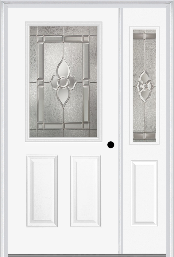 MMI 1/2 Lite 2 Panel 6'8" Fiberglass Smooth Nouveau Nickel Or Nouveau Patina Exterior Prehung Door With 1 Half Lite Nouveau Brass/Nickel/Patina Decorative Glass Sidelight 684