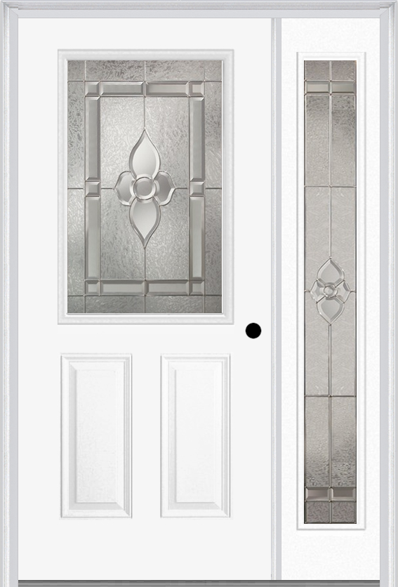 MMI 1/2 Lite 2 Panel 6'8" Fiberglass Smooth Nouveau Nickel Or Nouveau Patina Exterior Prehung Door With 1 Full Lite Nouveau Brass/Nickel/Patina Decorative Glass Sidelight 684