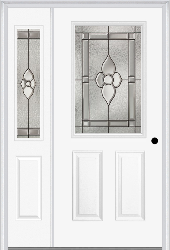 MMI 1/2 Lite 2 Panel 6'8" Fiberglass Smooth Nouveau Nickel Or Nouveau Patina Exterior Prehung Door With 1 Half Lite Nouveau Brass/Nickel/Patina Decorative Glass Sidelight 684