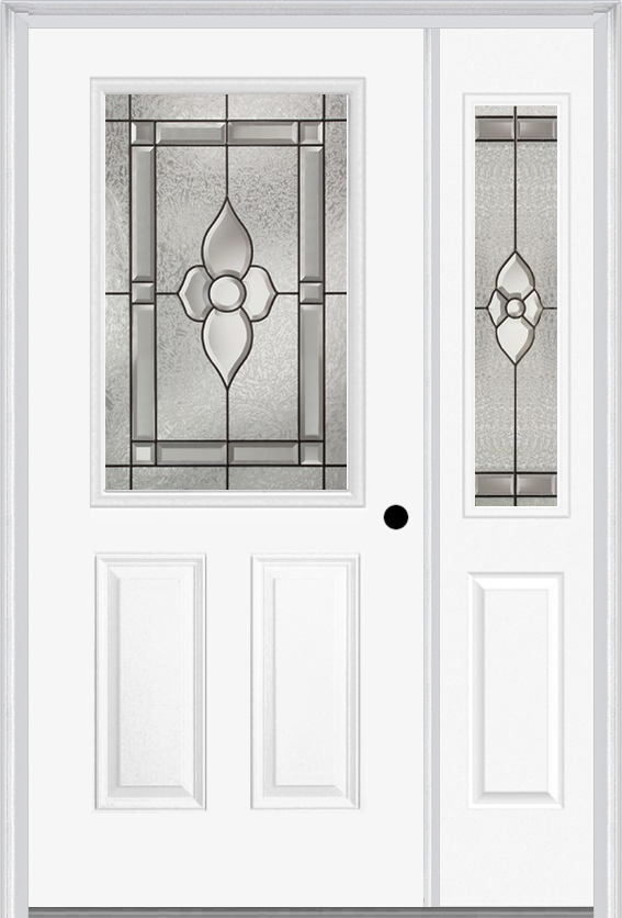 MMI 1/2 Lite 2 Panel 6'8" Fiberglass Smooth Nouveau Nickel Or Nouveau Patina Exterior Prehung Door With 1 Half Lite Nouveau Brass/Nickel/Patina Decorative Glass Sidelight 684