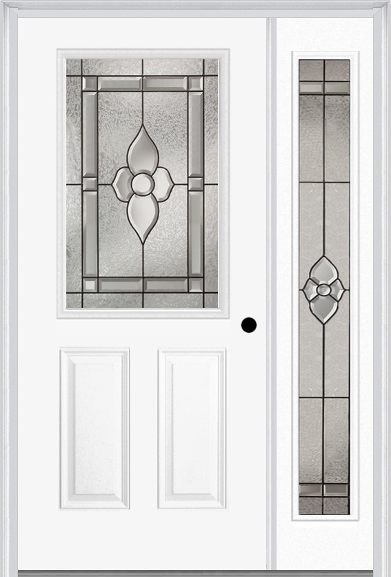 MMI 1/2 Lite 2 Panel 6'8" Fiberglass Smooth Nouveau Nickel Or Nouveau Patina Exterior Prehung Door With 1 Full Lite Nouveau Brass/Nickel/Patina Decorative Glass Sidelight 684