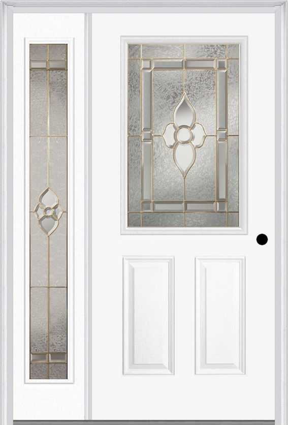 MMI 1/2 Lite 2 Panel 6'8" Fiberglass Smooth Nouveau Nickel Or Nouveau Patina Exterior Prehung Door With 1 Full Lite Nouveau Brass/Nickel/Patina Decorative Glass Sidelight 684