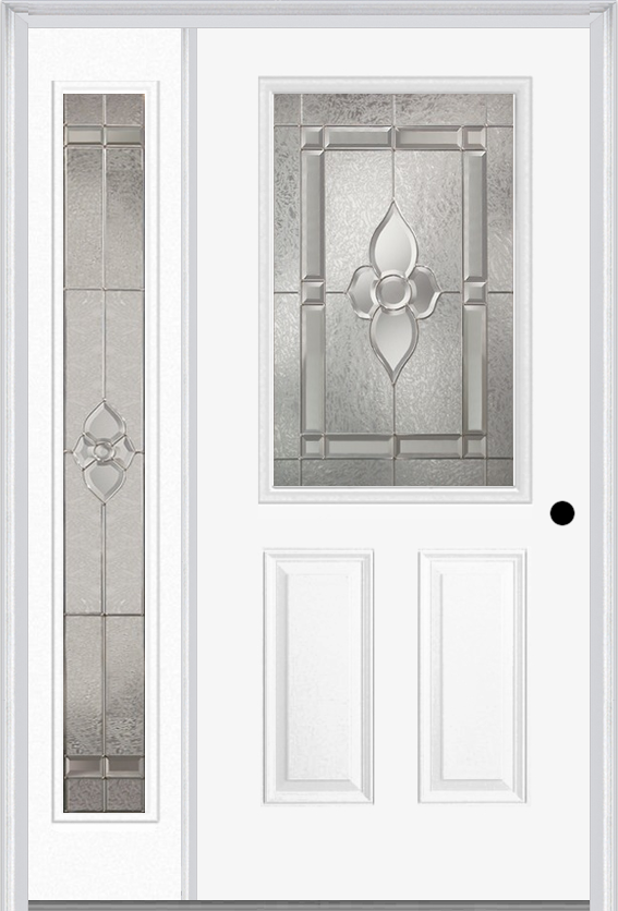 MMI 1/2 Lite 2 Panel 6'8" Fiberglass Smooth Nouveau Nickel Or Nouveau Patina Exterior Prehung Door With 1 Full Lite Nouveau Brass/Nickel/Patina Decorative Glass Sidelight 684