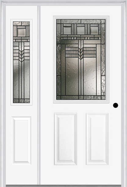 MMI 1/2 Lite 2 Panel 6'8" Fiberglass Smooth Oak Park Patina Exterior Prehung Door With 1 Half Lite Oak Park Patina Decorative Glass Sidelight 684