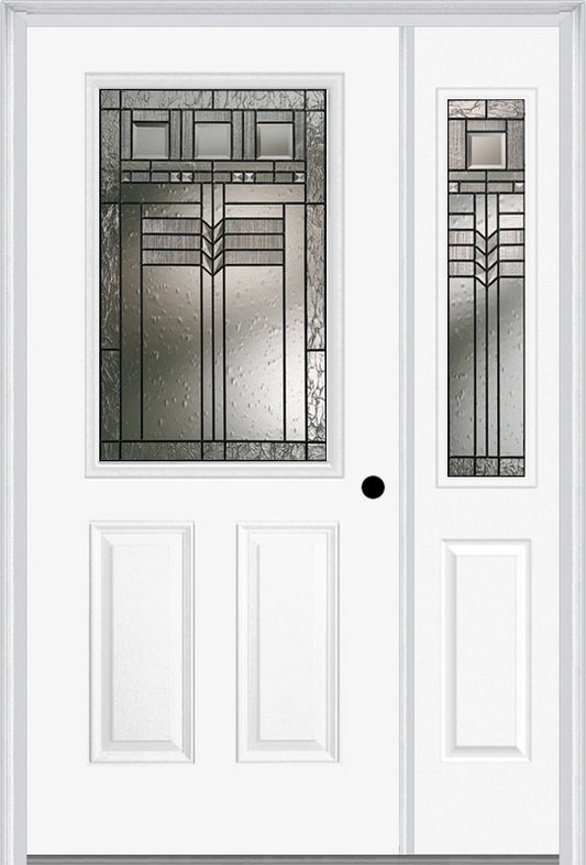 MMI 1/2 Lite 2 Panel 6'8" Fiberglass Smooth Oak Park Patina Exterior Prehung Door With 1 Half Lite Oak Park Patina Decorative Glass Sidelight 684