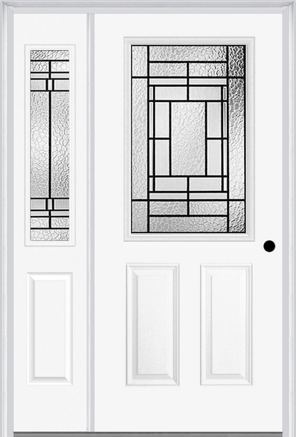 MMI 1/2 Lite 2 Panel 6'8" Fiberglass Smooth Pembrook Patina Exterior Prehung Door With 1 Half Lite Pembrook Patina Decorative Glass Sidelight 684