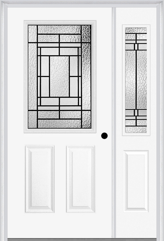 MMI 1/2 Lite 2 Panel 6'8" Fiberglass Smooth Pembrook Patina Exterior Prehung Door With 1 Half Lite Pembrook Patina Decorative Glass Sidelight 684