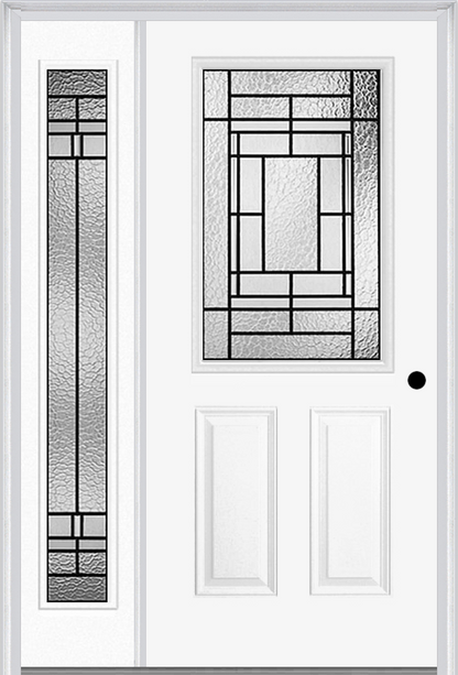 MMI 1/2 Lite 2 Panel 6'8" Fiberglass Smooth Pembrook Patina Exterior Prehung Door With 1 Full Lite Pembrook Patina Decorative Glass Sidelight 684