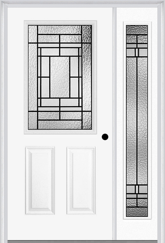 MMI 1/2 Lite 2 Panel 6'8" Fiberglass Smooth Pembrook Patina Exterior Prehung Door With 1 Full Lite Pembrook Patina Decorative Glass Sidelight 684