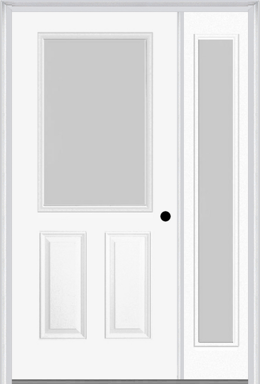 MMI 1/2 Lite 2 Panel 3'0" X 6'8" Textured/Privacy Fiberglass Smooth Exterior Prehung Door With 1 Full Lite Textured/Privacy Glass Sidelight 684