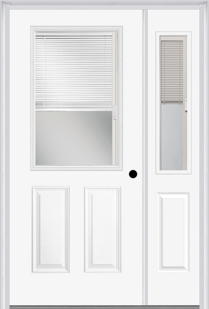 MMI 1/2 Lite 2 Panel Raise/Lower Blinds 3'0" X 6'8" Fiberglass Smooth Exterior Prehung Door With 1 Half Lite Glass Raise/Lower Blinds Sidelight 684 RLB 692 RLB