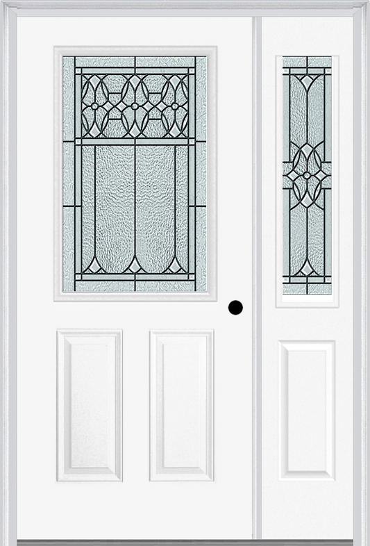 MMI 1/2 Lite 2 Panel 6'8" Fiberglass Smooth Selwyn Patina Exterior Prehung Door With 1 Half Lite Selwyn Patina Decorative Glass Sidelight 684