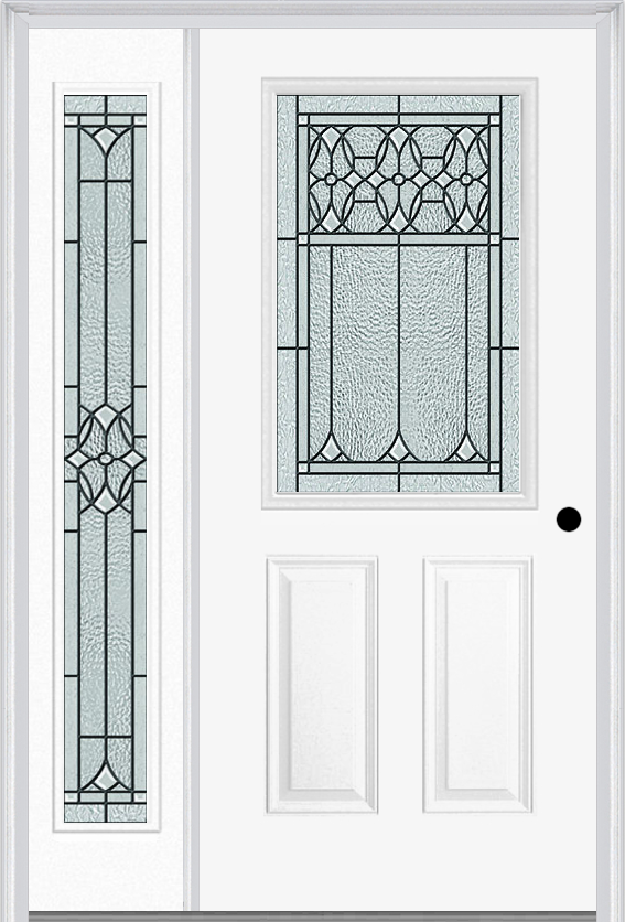 MMI 1/2 Lite 2 Panel 6'8" Fiberglass Smooth Selwyn Patina Exterior Prehung Door With 1 Full Lite Selwyn Patina Decorative Glass Sidelight 684