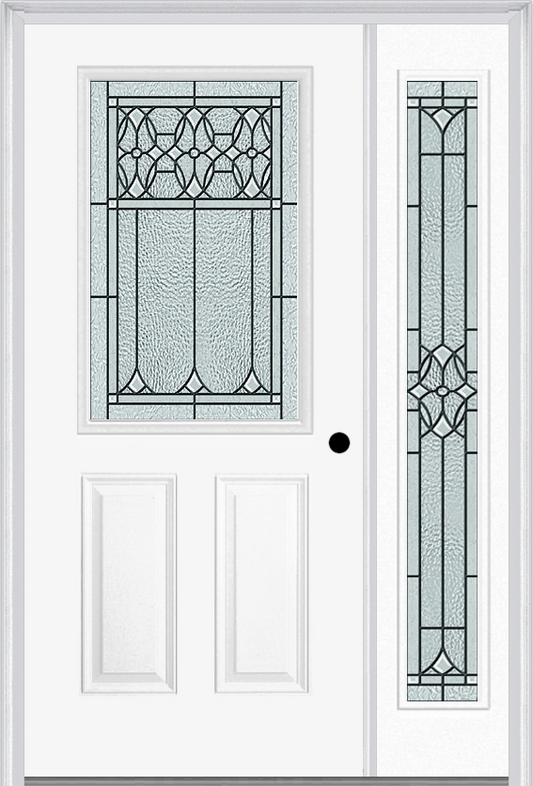 MMI 1/2 Lite 2 Panel 6'8" Fiberglass Smooth Selwyn Patina Exterior Prehung Door With 1 Full Lite Selwyn Patina Decorative Glass Sidelight 684