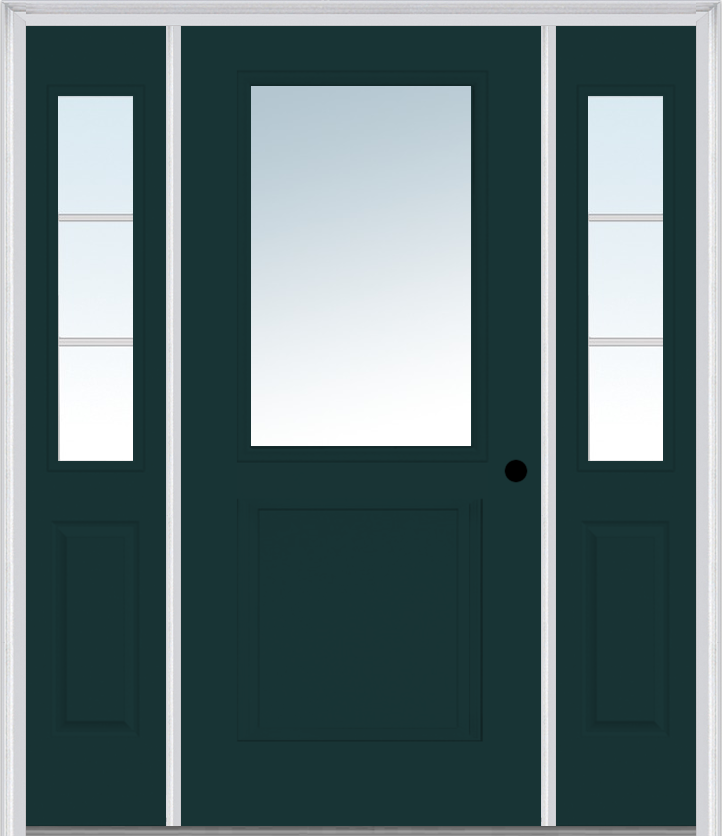 MMI 1/2 Lite 1 Panel 3'0" X 6'8" Fiberglass Smooth Exterior Prehung Door With 2 Half Lite SDL Grilles Glass Sidelights 682