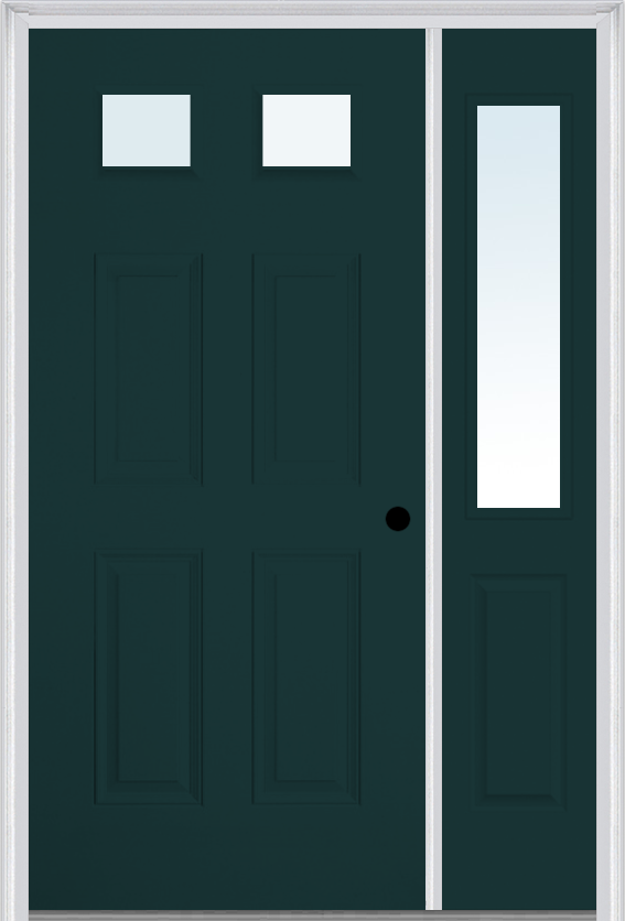 MMI 2-1/4 Lite 4 Panel 3'0" X 6'8" Fiberglass Smooth Exterior Prehung Door With 1 Half Lite Clear Glass Sidelight 23