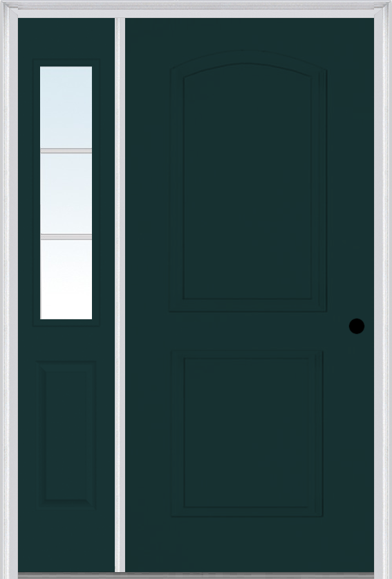 MMI 2 Panel Arch 3'0" X 6'8" Fiberglass Smooth Exterior Prehung Door With 1 Half Lite SDL Grilles Glass Sidelight 22