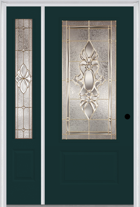 MMI 3/4 Lite 1 Panel 3'0" X 6'8" Fiberglass Smooth Heirlooms Brass Or Heirlooms Satin Nickel Exterior Prehung Door With 1 Heirlooms Brass/Satin Nickel 3/4 Lite Decorative Glass Sidelight 608